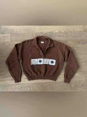 Sunday Best Brown Merino Wool Blend V-Neck Sweater with Crochet Detail
